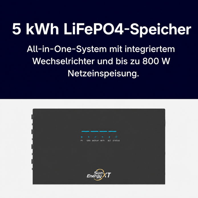 SunEnergyXT 500 mit 5 kWh LiFePO4-Speicher und bis zu 800 W Netzeinspeisung