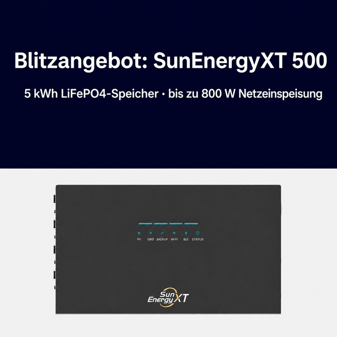 SunEnergyXT 500 Blitzangebot mit 5 kWh LiFePO4-Speicher und bis zu 800 W Netzeinspeisung